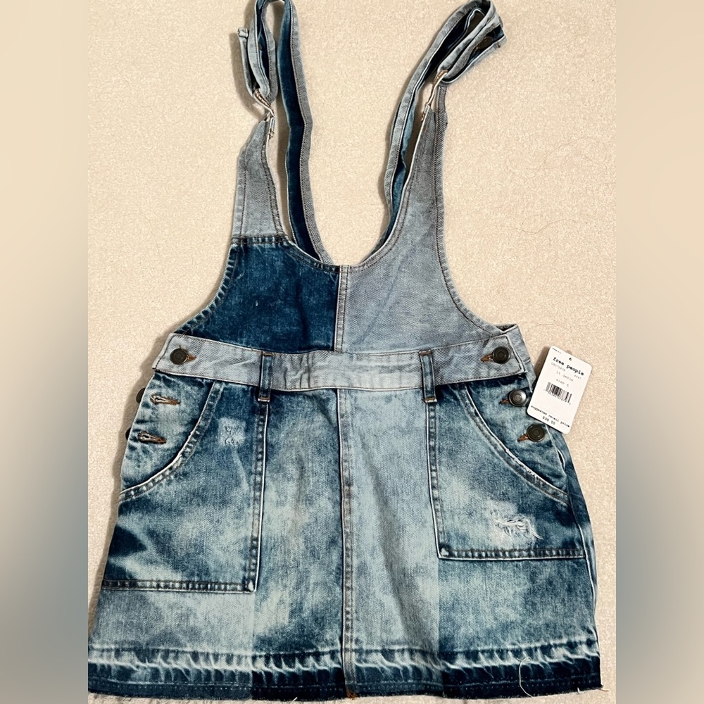 NWT FREE PEOPLE denim dress skirt overalls, patchwork denim, size 6